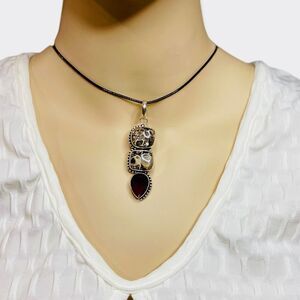 Double Agate with Faceted Teardrop Amethyst Pendant Choker Necklace NEW